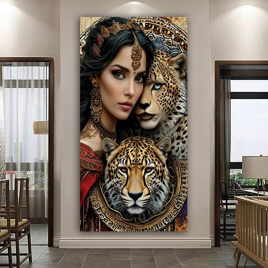 Women'S Bags New Collection - Woman and Leopards Picture Large Size